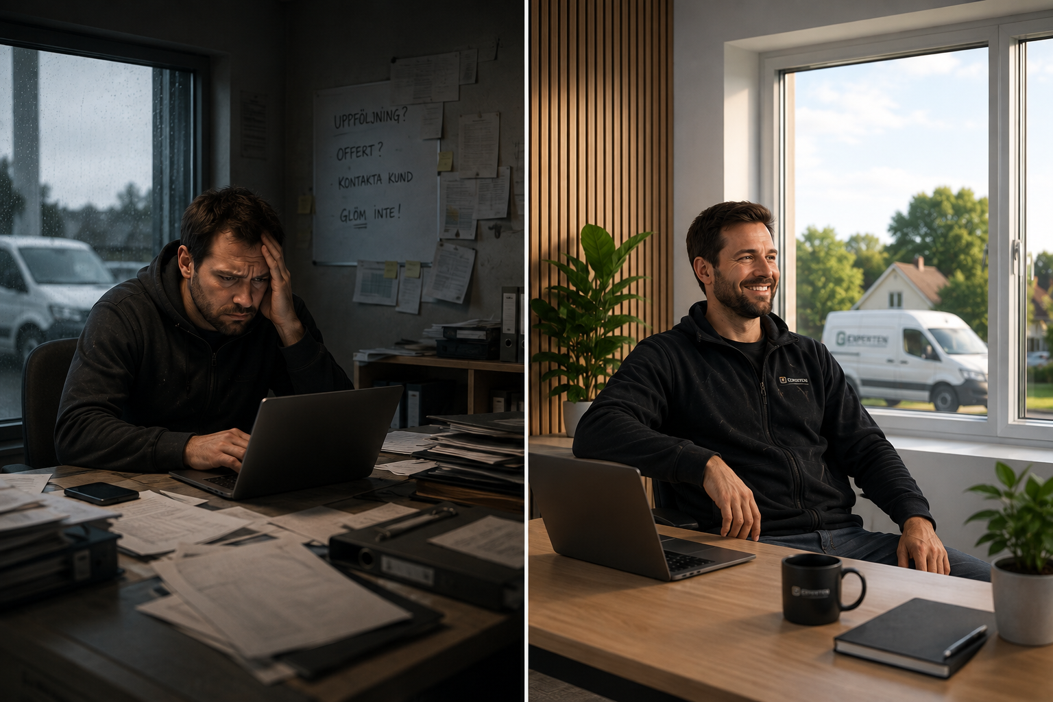 Till vänster en hantverkare som sitter stressad vid ett rörigt skrivbord fullt av papper. Till höger samma person avslappnad vid ett städat skrivbord med företagsbilen utanför fönstret.